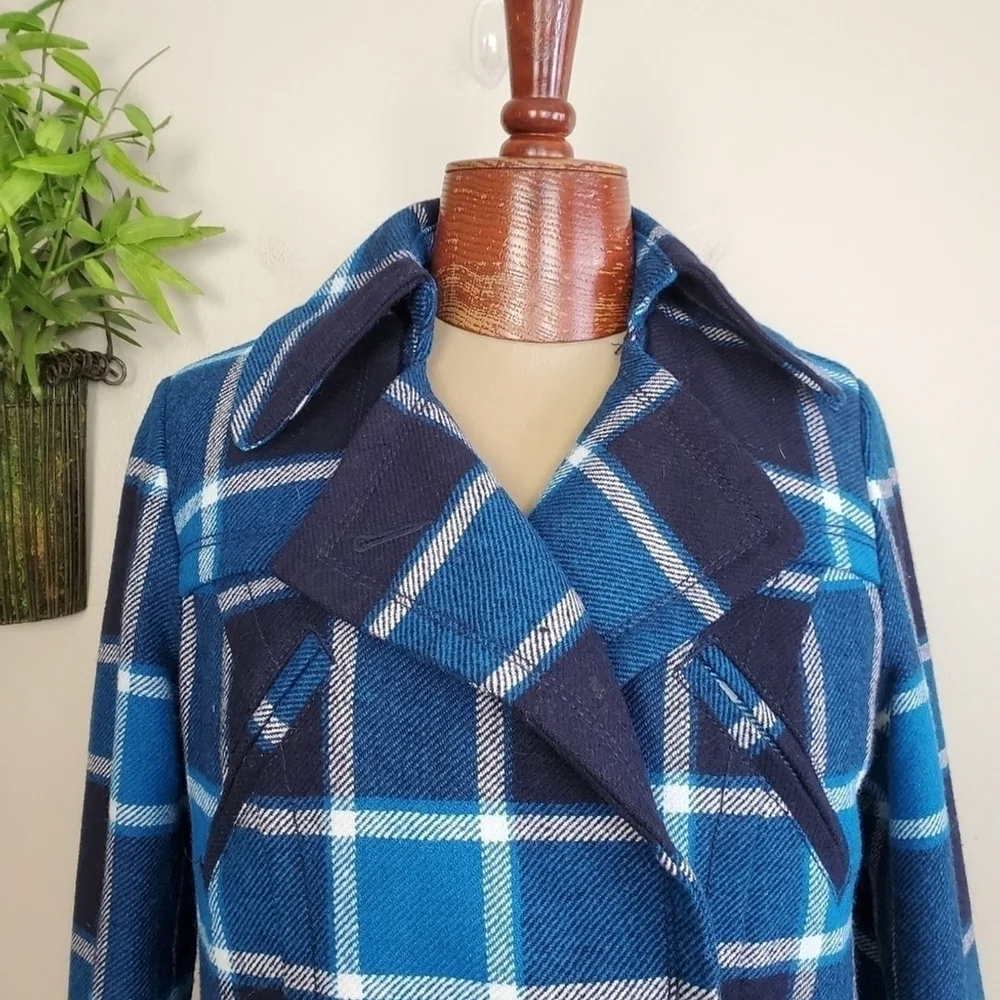 American Eagle Wool Plaid Check Double Breasted Pea Coat Peacoat Jacket AE M Y2K